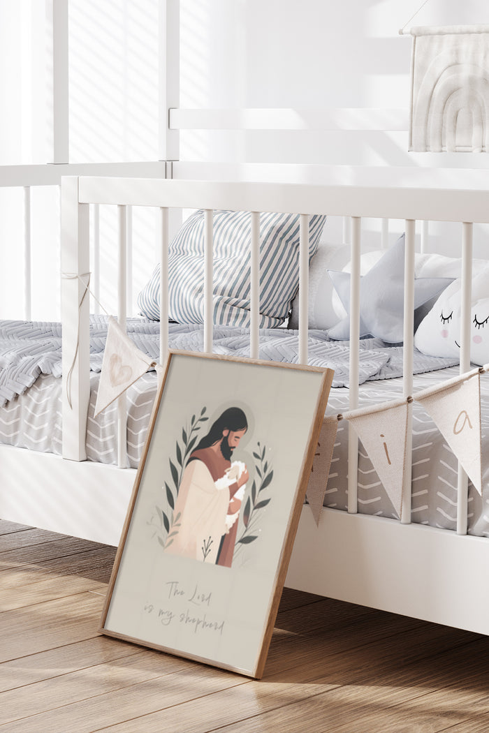 Spiritual 'The Lord is my shepherd' religious illustration poster beside a baby crib in a nursery room
