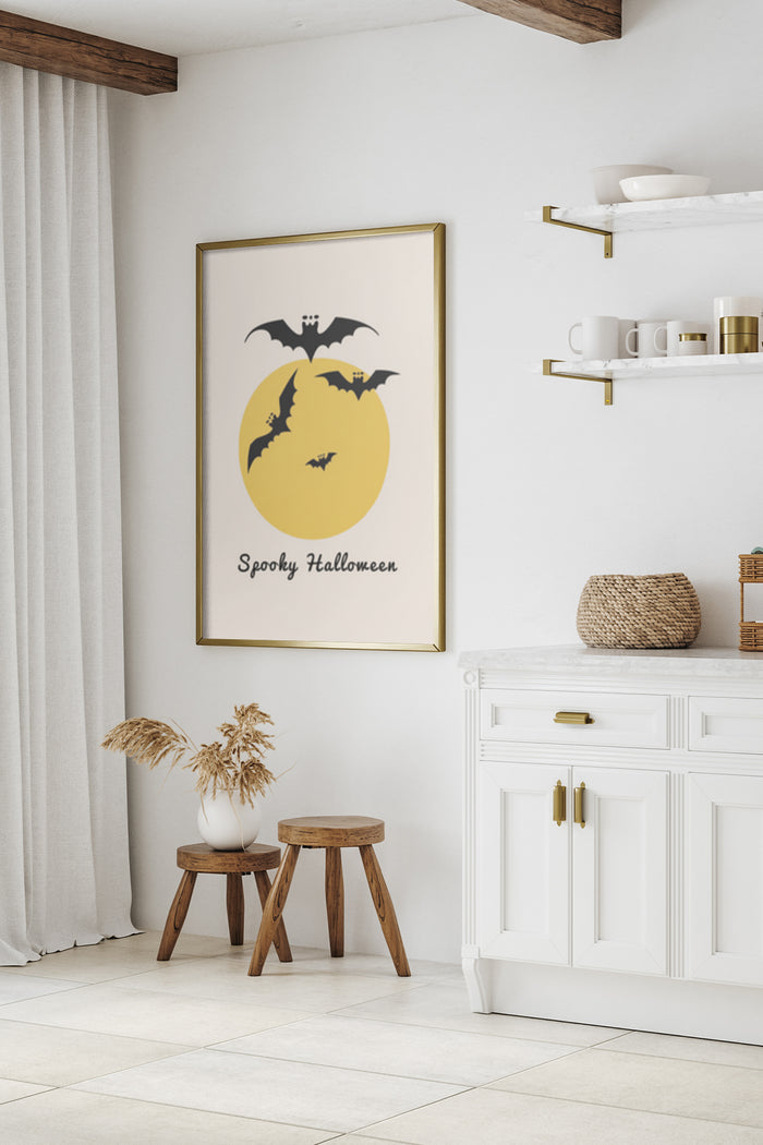 Spooky Halloween poster with bat silhouettes and full moon on wall