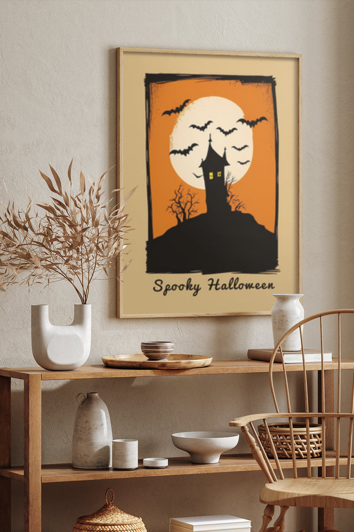 Spooky Halloween poster with haunted house silhouette, flying bats, and full moon in modern home decor setting