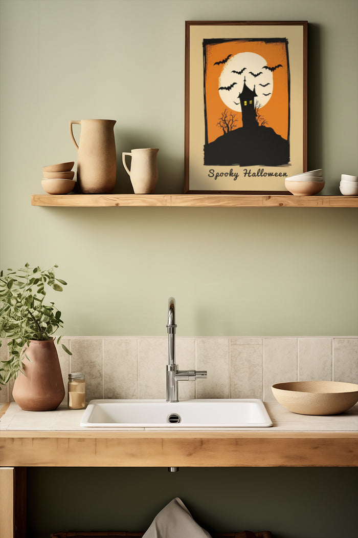 Spooky Halloween poster with haunted house silhouette, flying bats, and orange background displayed in a kitchen