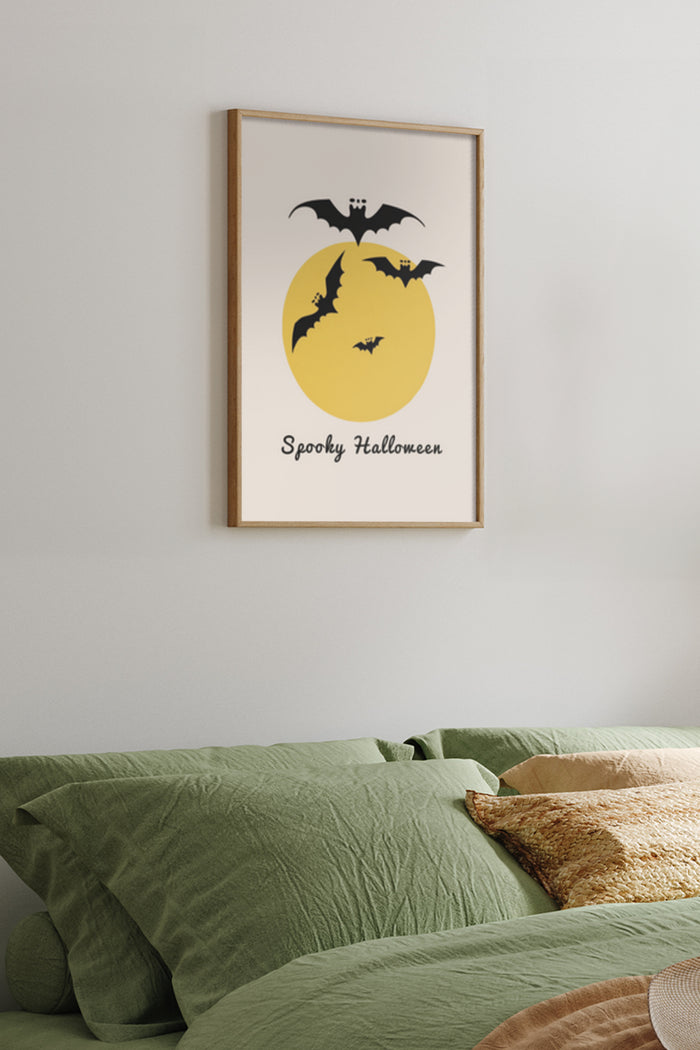 Spooky Halloween poster featuring silhouetted bats flying against a full moon on wall above bed