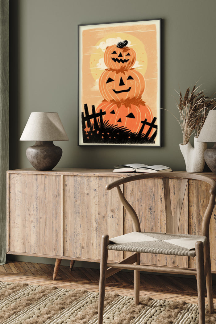 Stacked pumpkin jack-o'-lantern poster for Halloween decoration in a stylish room