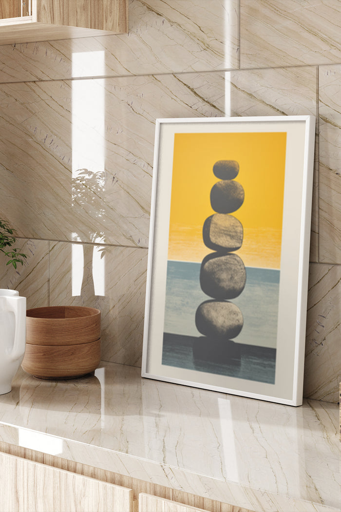 Balanced stacked stones art poster with a yellow sunset background displayed in a modern interior