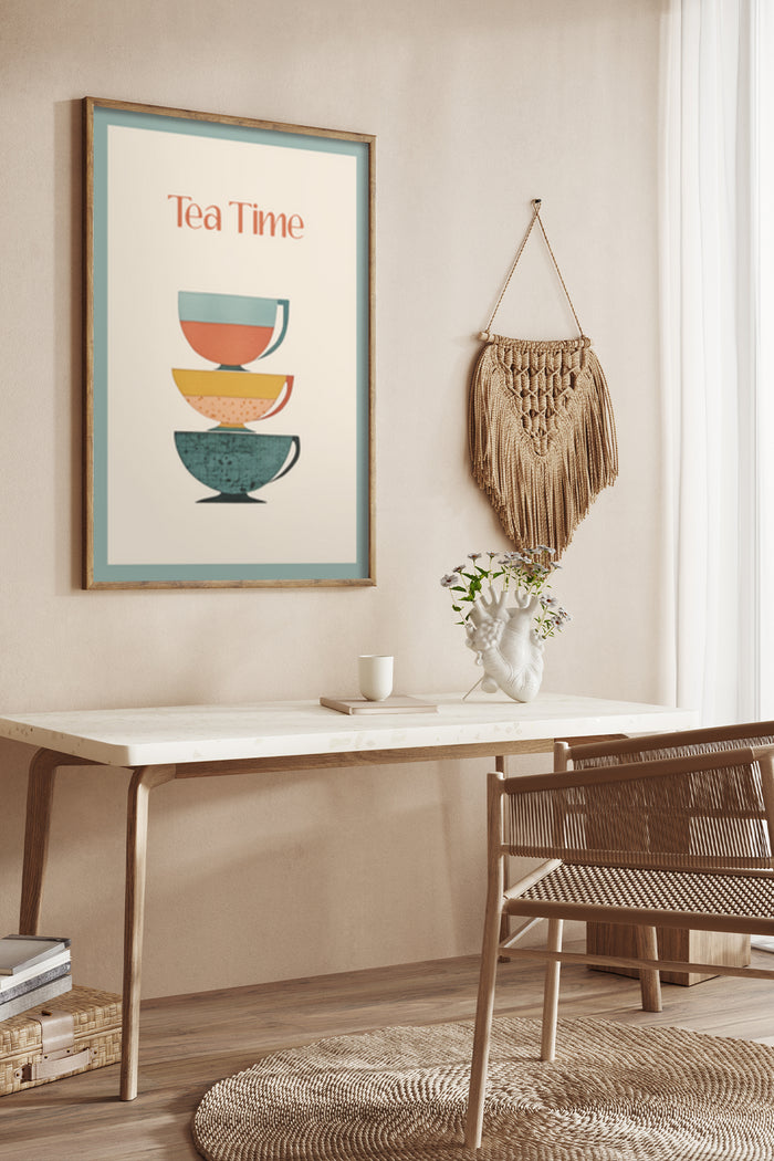 Tea Time poster with stacked colorful tea cups in a modern home decor setting