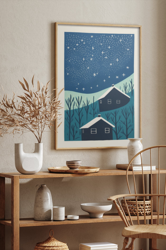 Artistic poster of a starry night sky over countryside houses with trees in a modern interior setting
