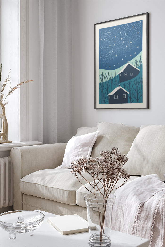 Artistic poster of a starry night sky above cozy houses surrounded by trees in a modern living room