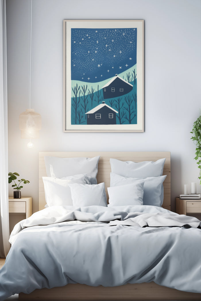 Starry Night Over Houses Illustration Art Poster in Bedroom Decor Setting
