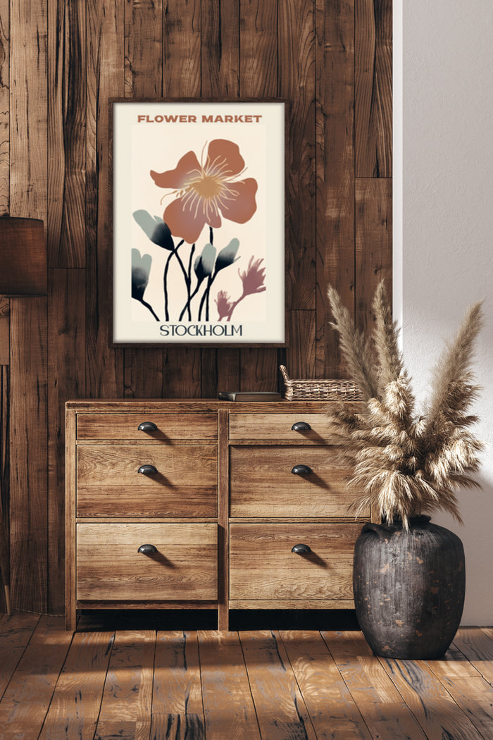 Elegant Stockholm Flower Market poster with lush floral design hung above wooden drawer cabinet
