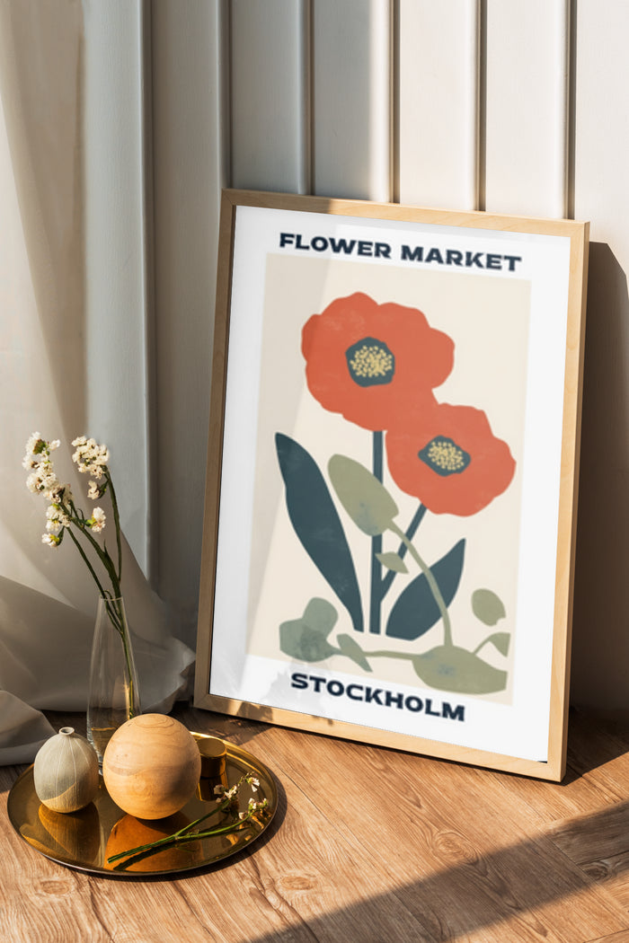 Interior decoration featuring a framed poster of Stockholm Flower Market with red poppies