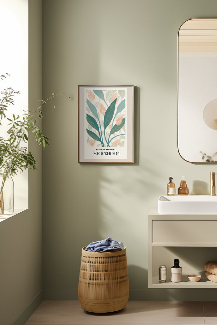 Elegant Stockholm Flower Market poster hanging in a contemporary bathroom interior design setting