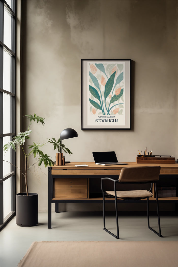 Stockholm Flower Market Poster Displayed in Stylish Office with Desk and Laptop