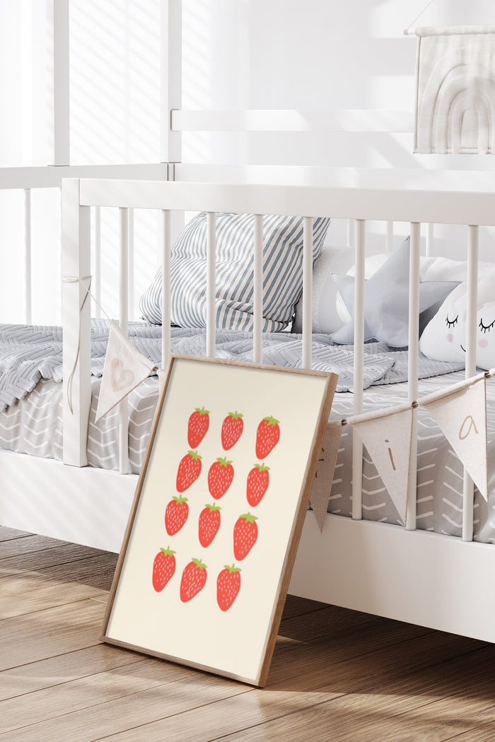 Strawberry illustration art poster leaning against crib in modern nursery decor