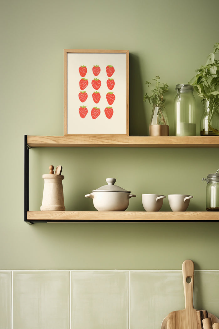 Red strawberry poster framed on a wooden shelf in a modern kitchen interior with green wall