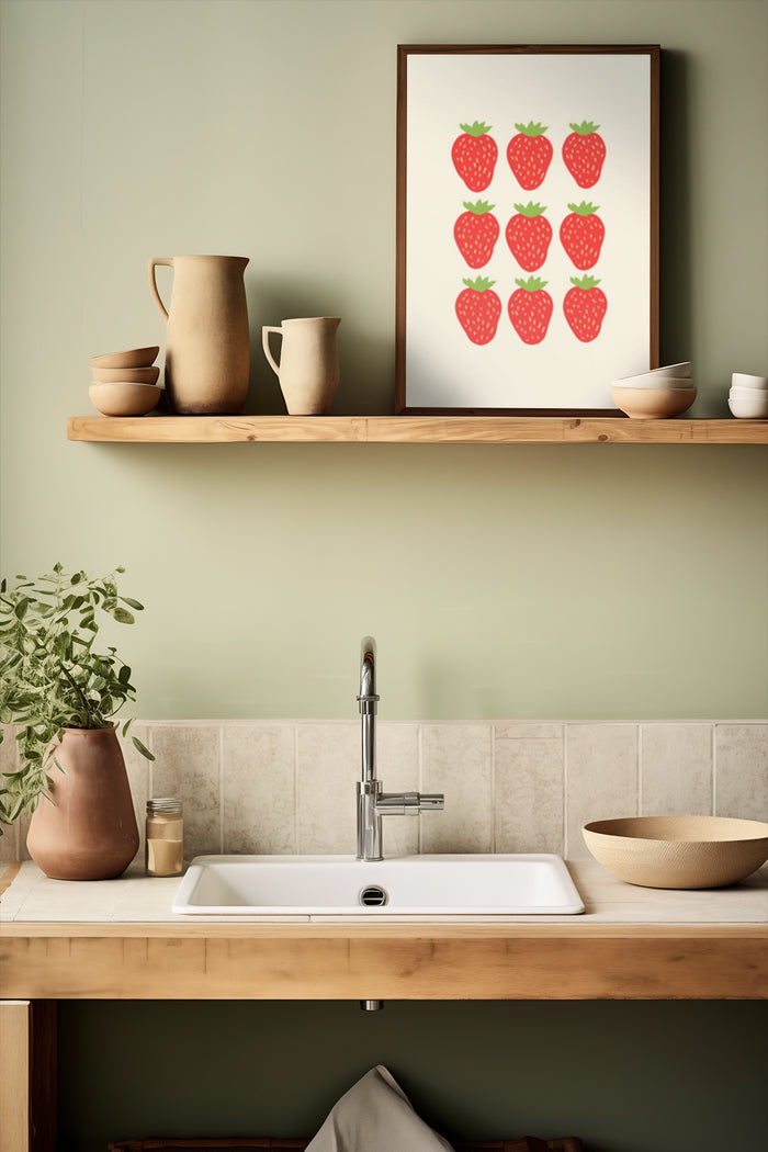 Modern kitchen decor with strawberry poster artwork above sink