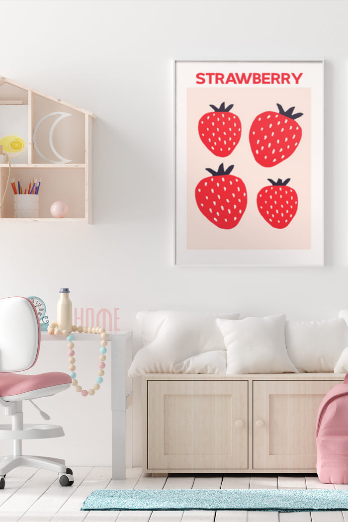 Minimalist strawberry poster design on a wall in a stylish room