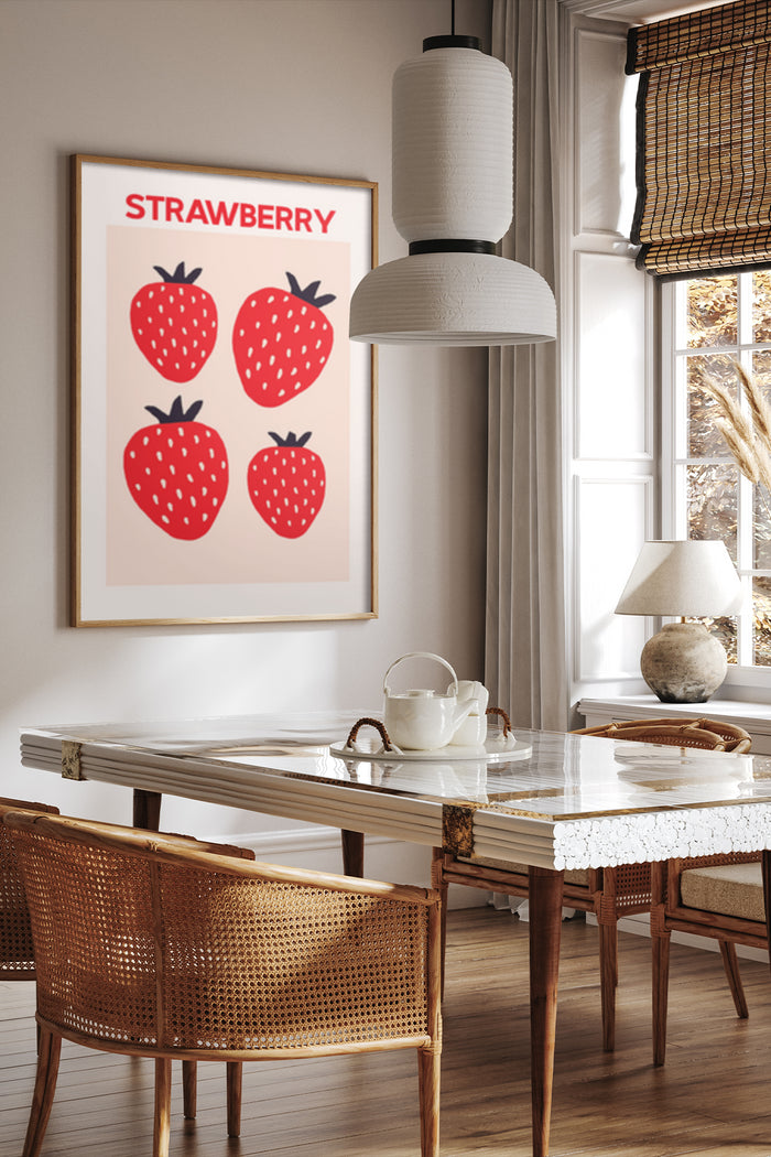 Modern kitchen interior with a framed strawberry poster on the wall
