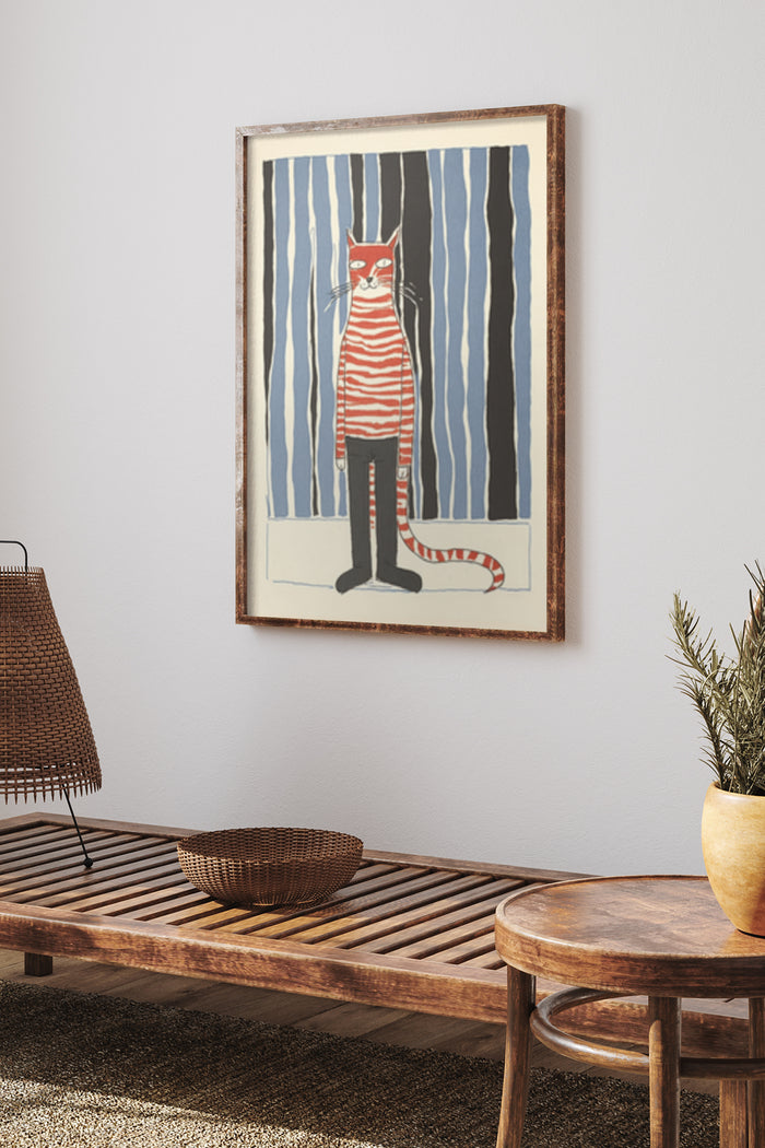 Illustration of a striped cat in a red and white pattern framed on a wall in a contemporary home setting