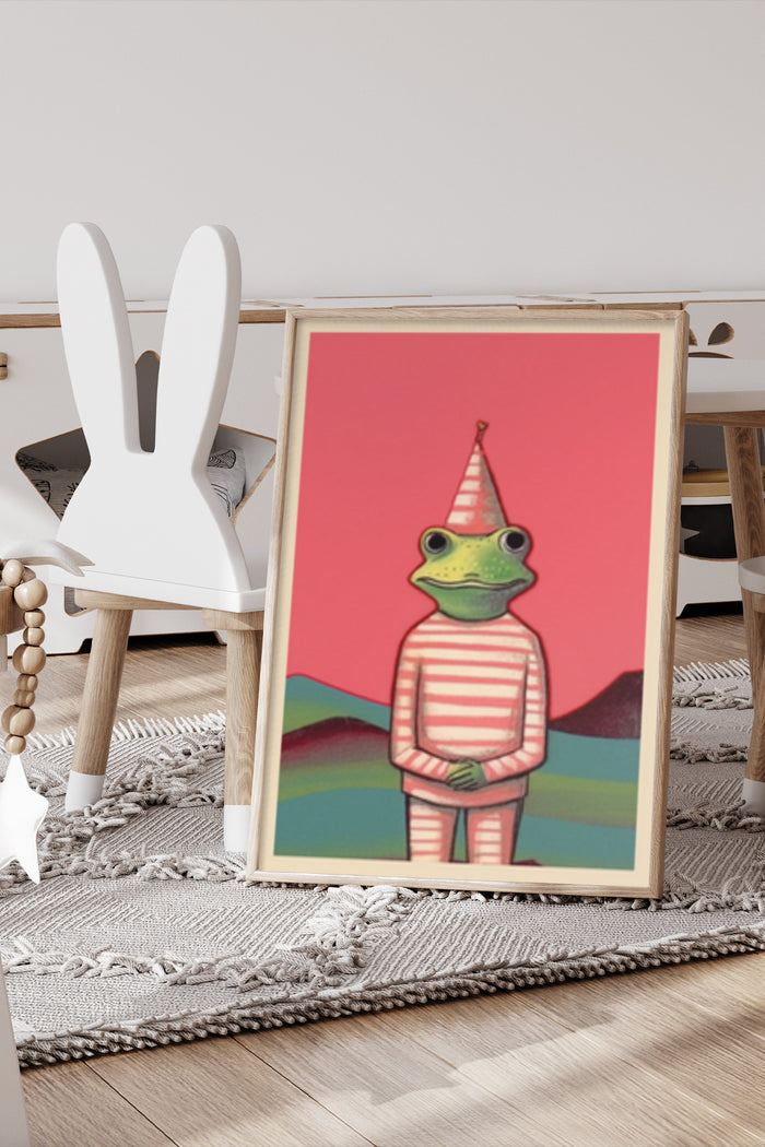 Contemporary art poster featuring a frog wearing a striped shirt and a party hat in a stylish interior