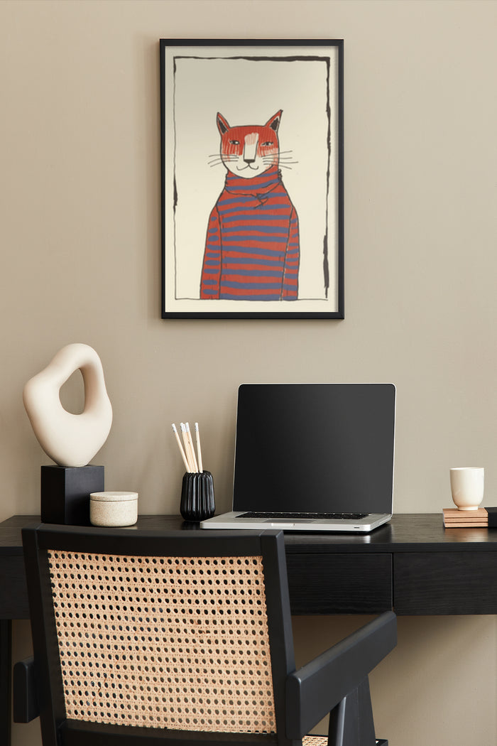 Minimalist cat with striped sweater art poster in home office setup