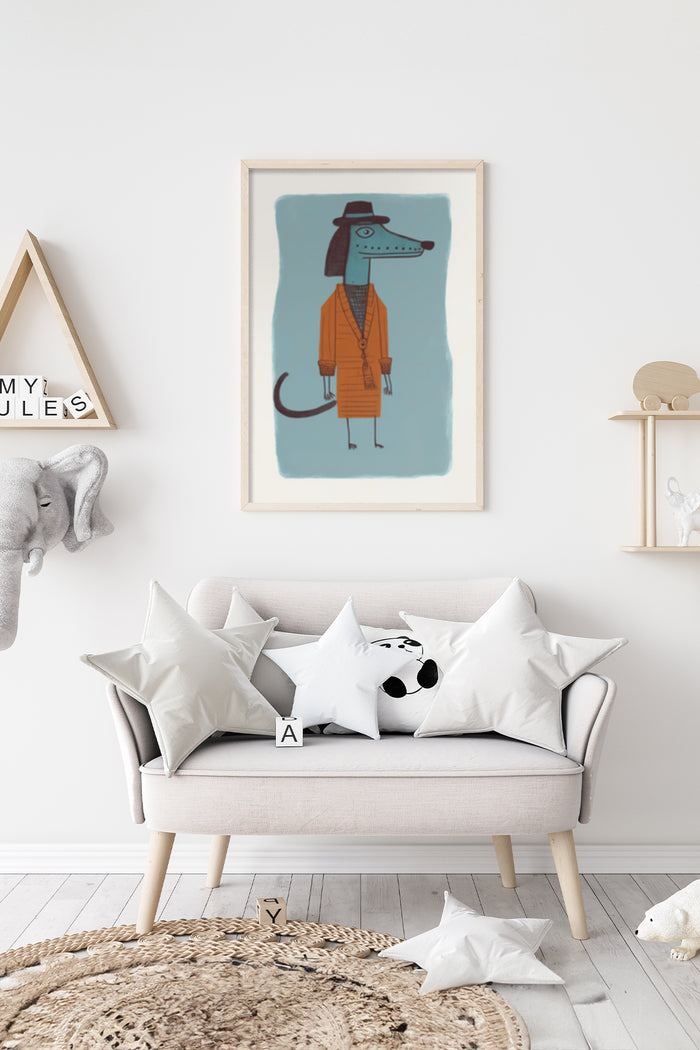 Stylish anthropomorphic dog wearing a hat and coat illustration poster, wall art in a modern living room interior