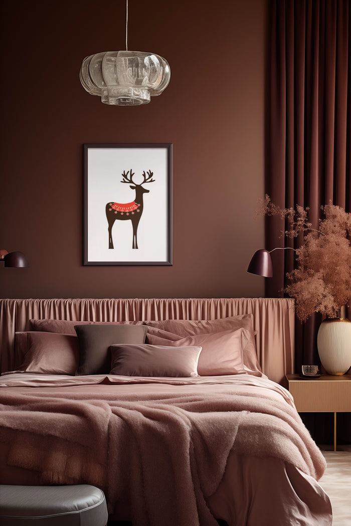Elegant modern bedroom interior design featuring chic reindeer artwork poster