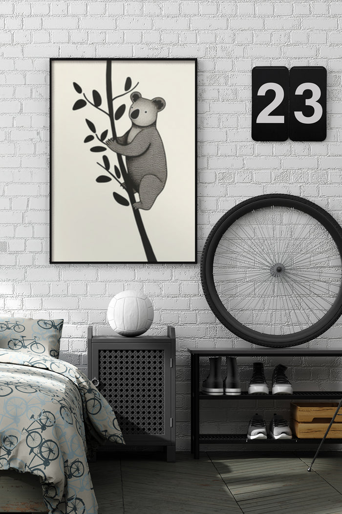 Modern bedroom interior with monochrome koala artwork, fashionable home decor and accessories