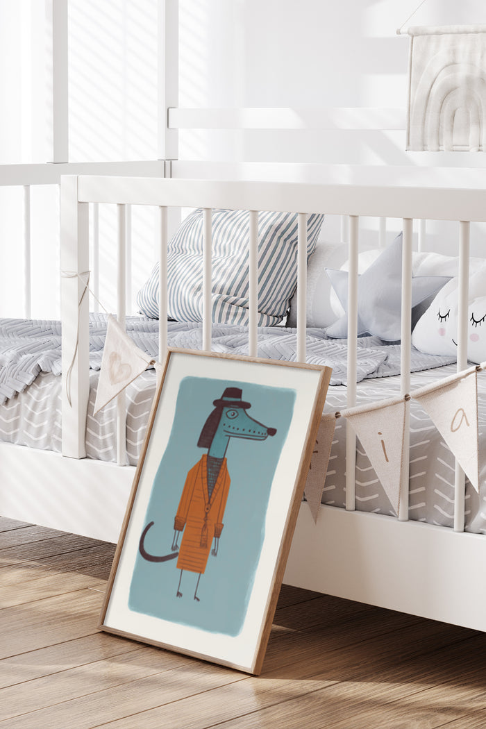 Cartoon dog character illustration poster with stylish outfit leaning against a crib in a contemporary nursery interior