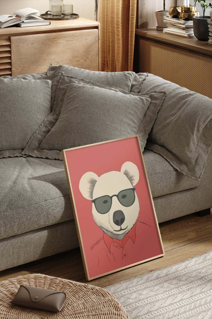 Cool panda with sunglasses poster artwork displayed in a modern living room scene