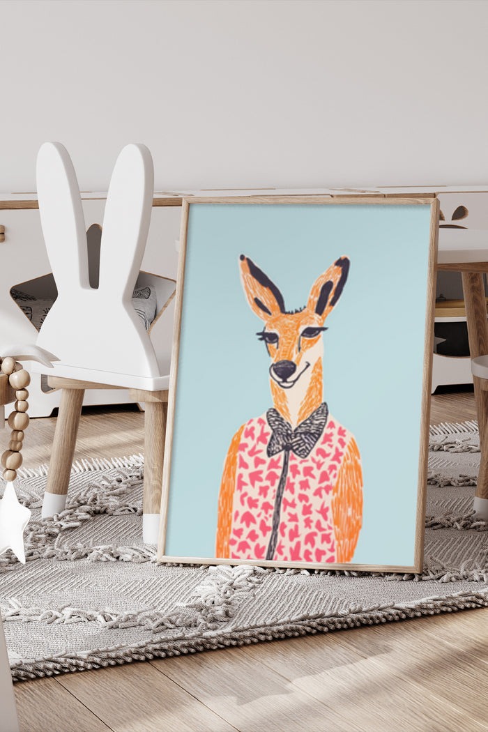 Stylish kangaroo illustration poster with patterned jacket displayed in a contemporary room setting