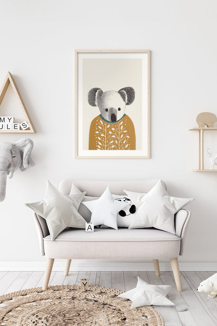 Stylish koala illustration poster framed in a Scandinavian style children's room