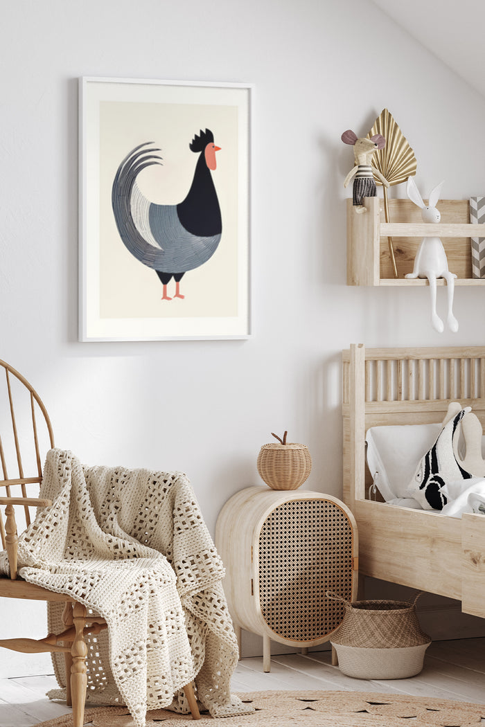 Stylish minimalist rooster artwork poster in a cozy modern interior setting