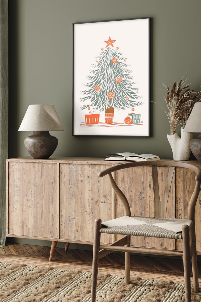 Modern stylized Christmas tree artwork with gifts poster in contemporary room setting