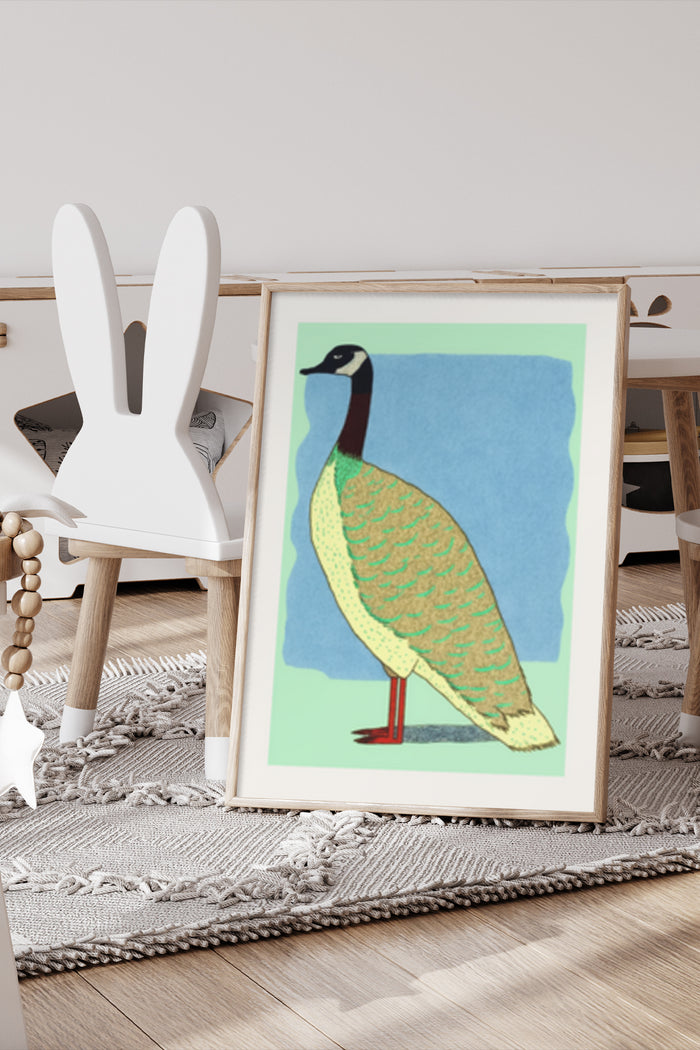 Stylish geometric duck artwork poster displayed in a modern home decor setting