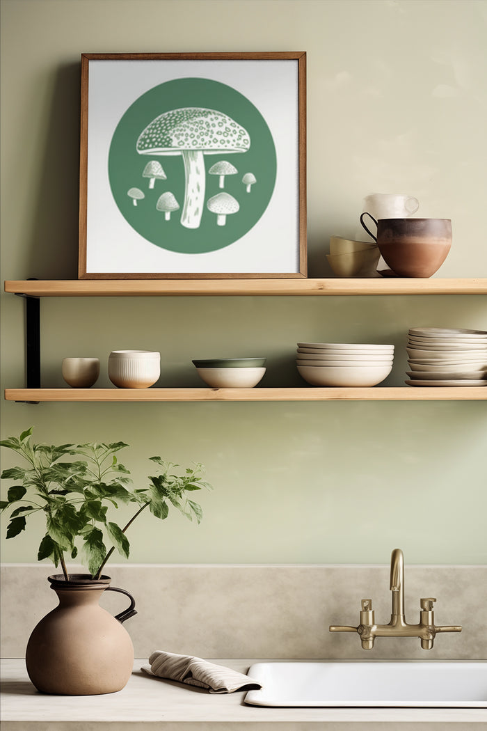 Minimalistic mushroom illustration poster displayed above kitchen shelf with ceramic dishware