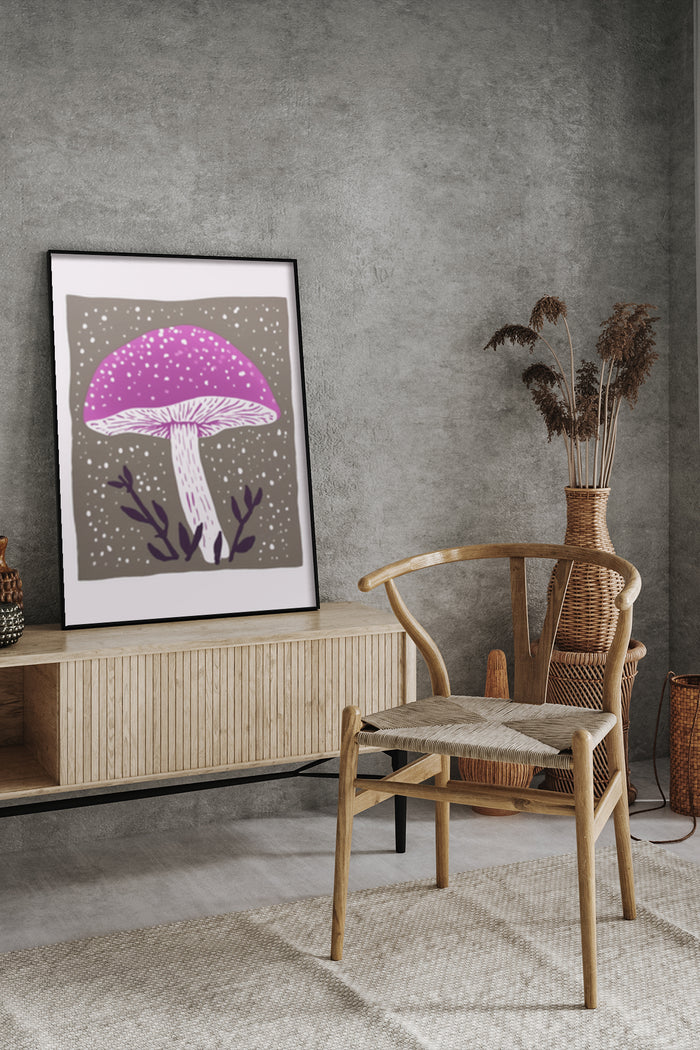 Modern interior with a stylish pink and white mushroom illustration poster on the wall