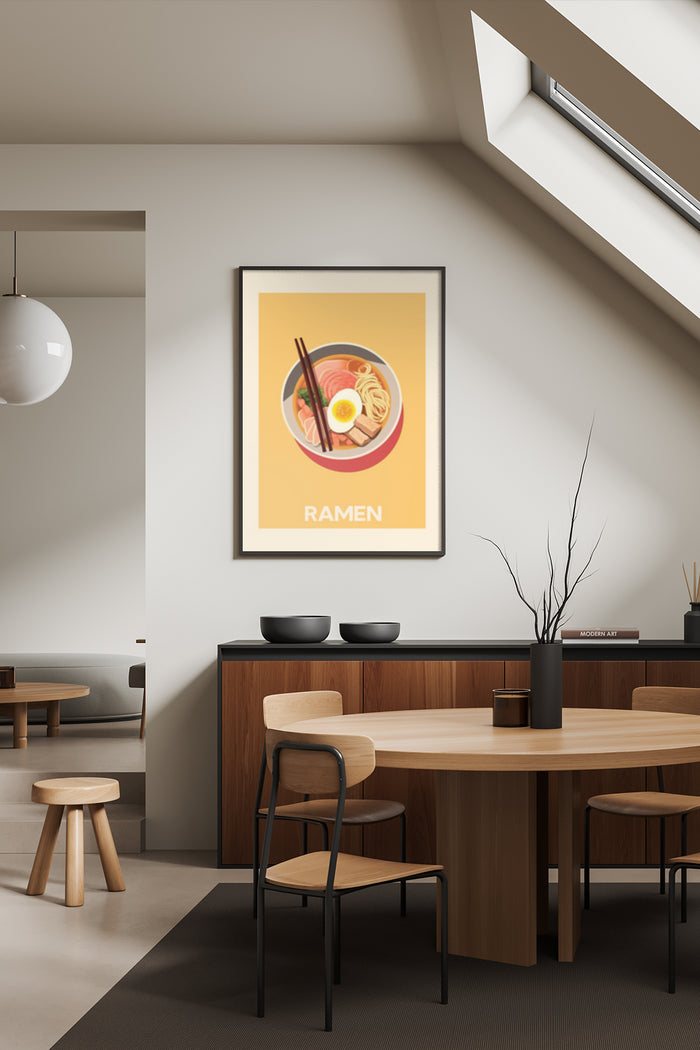 Stylish ramen bowl poster displayed in a contemporary dining room setting