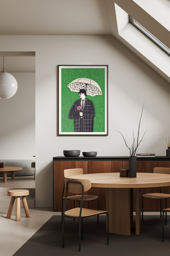 Stylish retro poster of a man holding an umbrella in a modern interior setting
