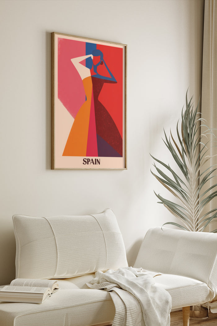 Modern abstract art style travel poster of Spain displayed in a cozy living room