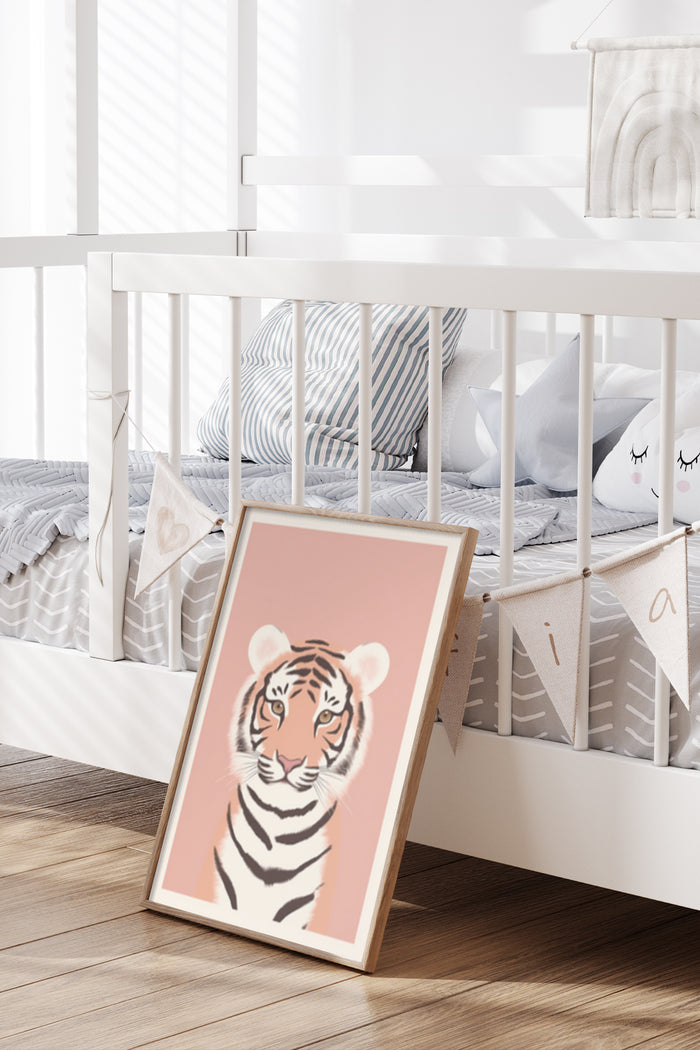Stylish Tiger Illustration Poster Leaning Against White Crib in Modern Children's Nursery Room