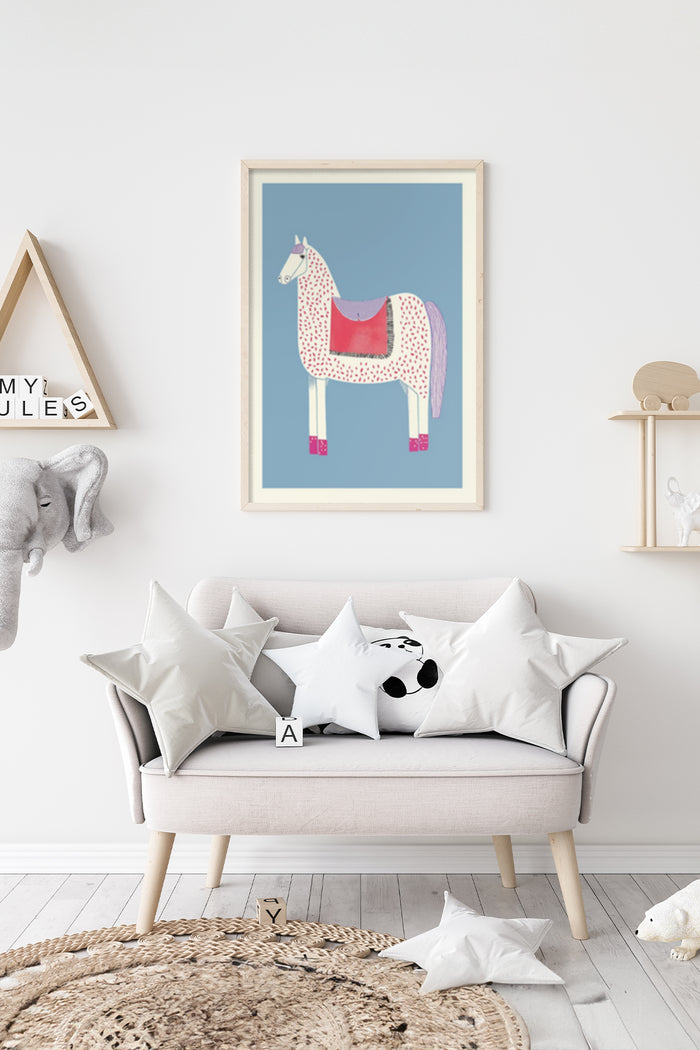 colorful illustrated horse poster with pink polka dots framed in a chic living room
