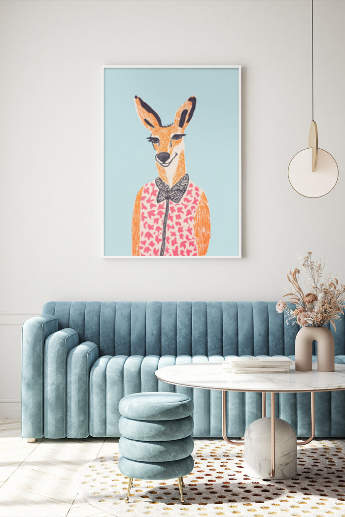 A stylized giraffe wearing a patterned sweater and bow tie, framed artwork displayed in modern living room
