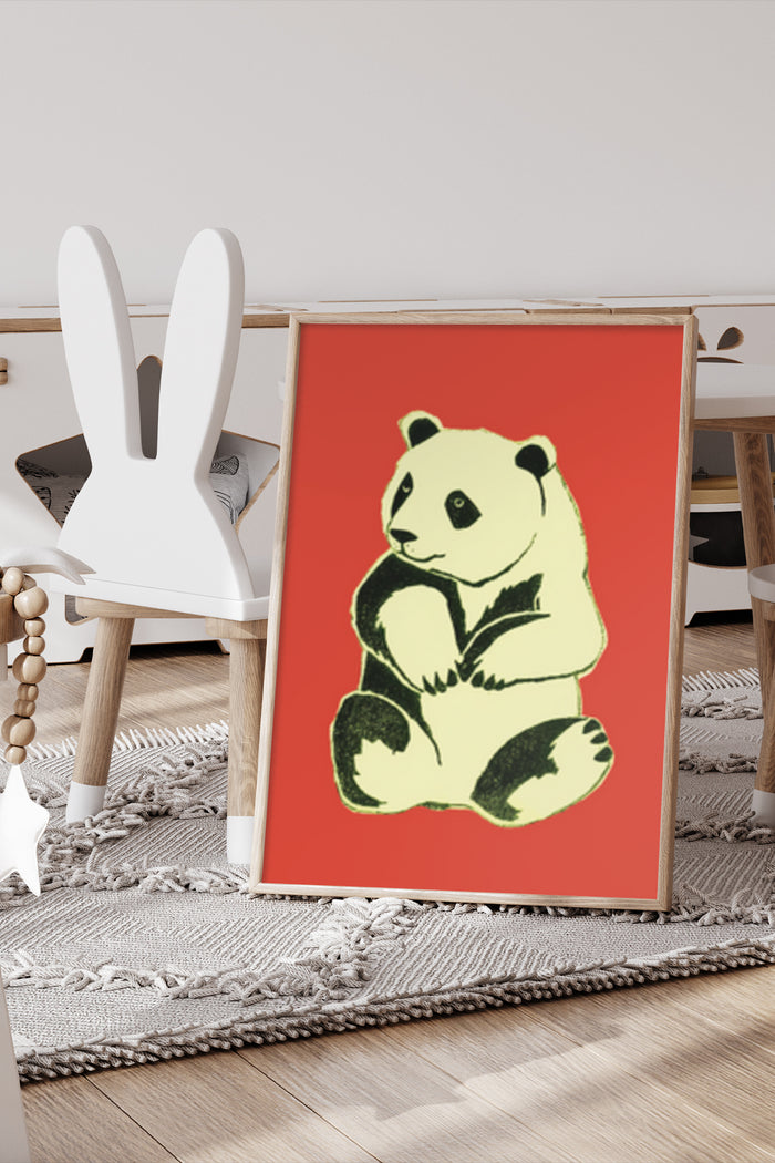 Stylized Panda Illustration Poster with Red Background in Modern Room Setting