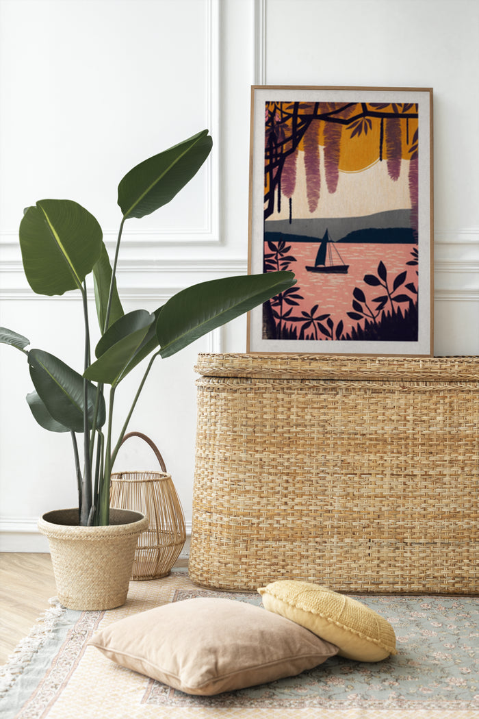 Colorful sunset sailboat scene poster framed in a modern living room setting with houseplants and wicker basket