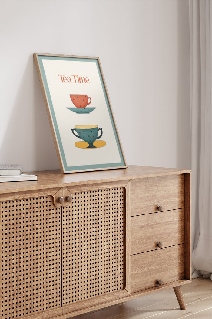 Tea time poster with stacked colorful cups artwork in a modern interior