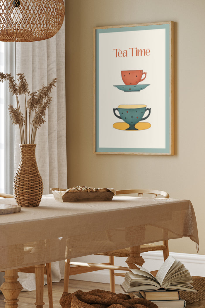 Home decor with 'Tea Time' poster featuring three colorful stacked teacups in a cozy dining room setting