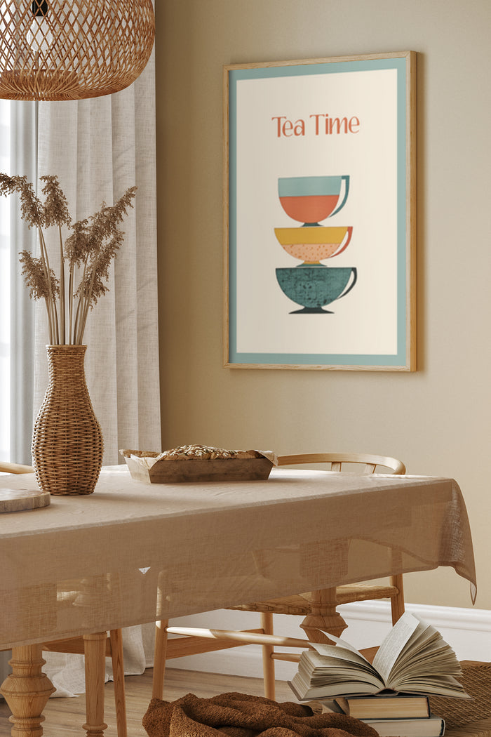 Tea Time Poster with Stacked Colorful Teacups in Modern Kitchen Decor