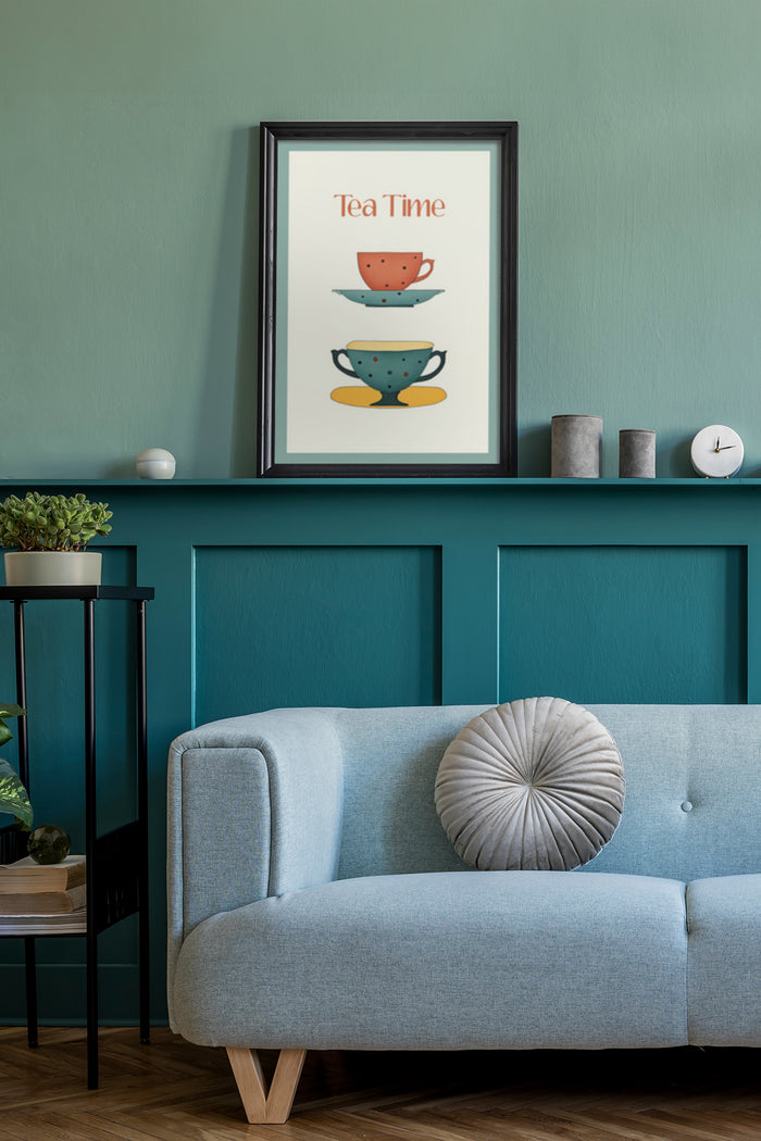 Tea Time poster with stacked colorful teacups in a stylish interior