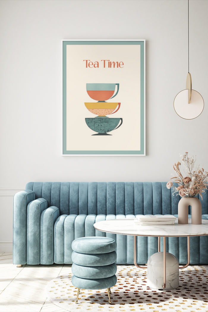 Tea Time Poster with Stacked Colorful Teacups in Modern Interior Design