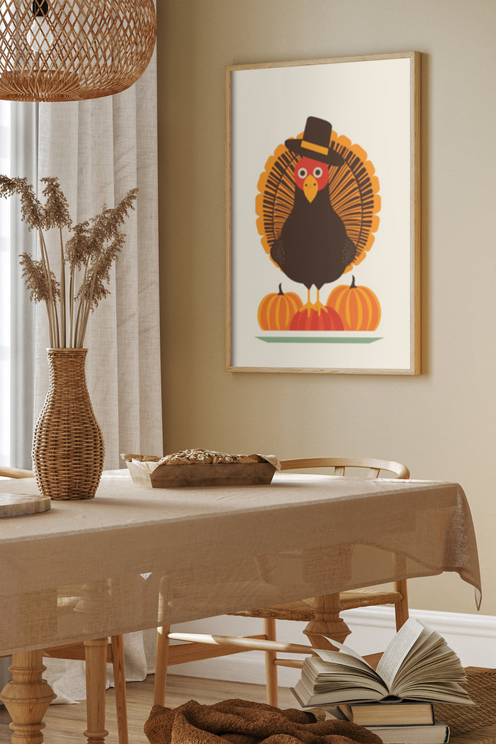 Thanksgiving Turkey Cartoon Poster with Pumpkins in Dining Room Decor