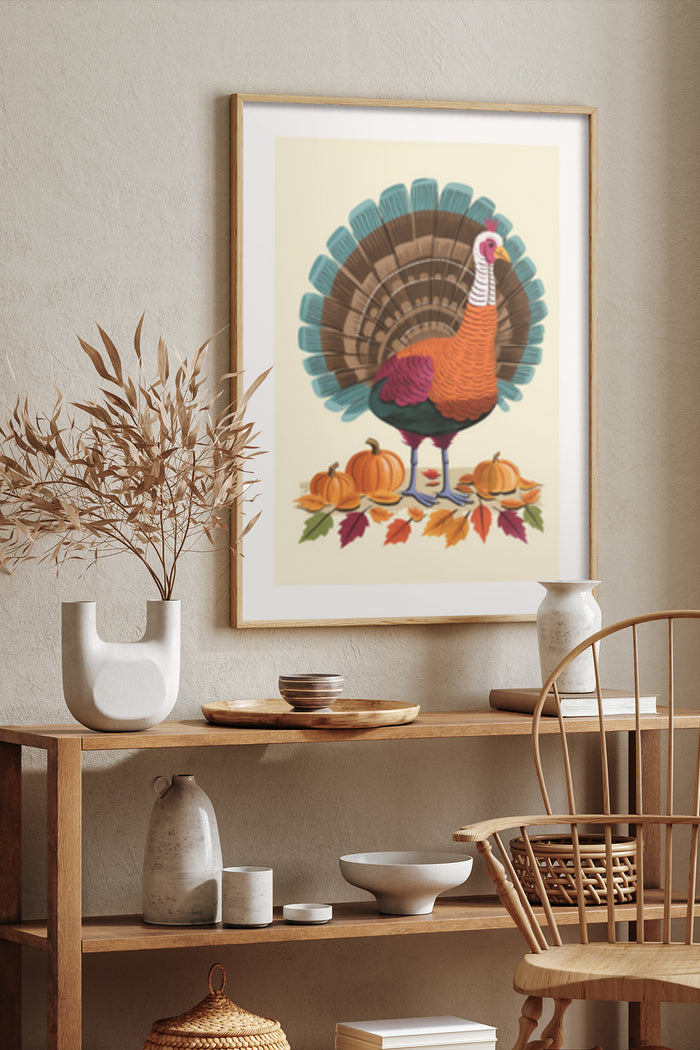 Thanksgiving Turkey Poster with Pumpkins and Fall Leaves in Stylish Home Decor Setting
